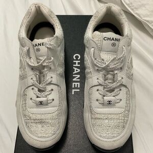 CHANEL  Cotton Tweed Suede Womens CC Sneakers 38.5 White Silver